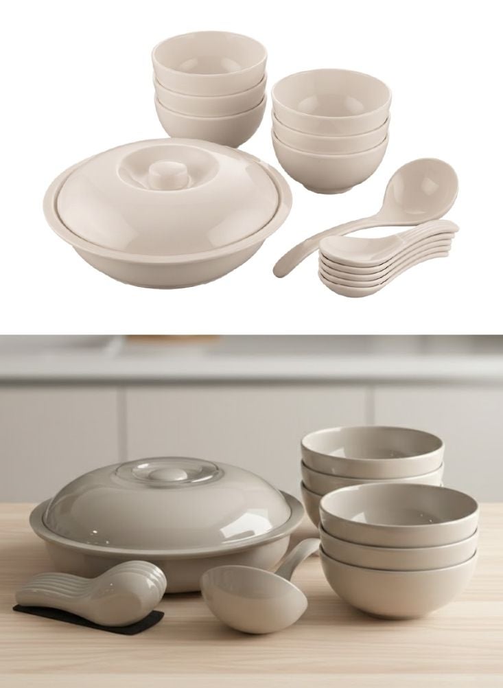 بريميم طقم عشاء كامل من السيراميك الأبيض، يتضمّن أطباقًا وملاعق وصحن تقديم - Image 1